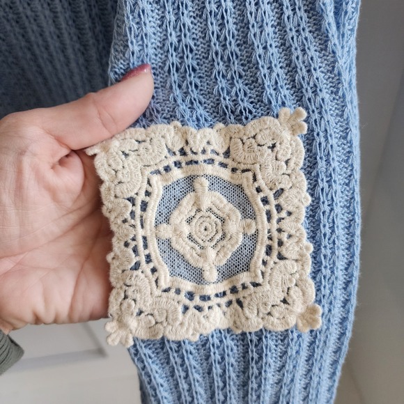 POL Lace Doily Patch Crochet Hooded Grannycore Cardigan RARE Sweater Blue Size S - Picture 9 of 11